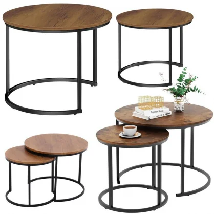 Kavos stalelis LEAN Set of 2-in-1 Round Coffee Tables Vintage Natural Wood 70x50cm 45x44cm