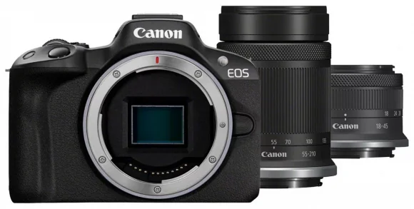 Sisteminis fotoaparatas Canon „EOS-R50“ + „RF-S 18-45mm IS STM“ + „RF-S 55-210mm IS STM“ juodas