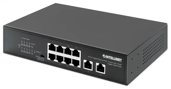 Tinklo įrenginį Intellinet _1025000 Intellinet 561402 Jungiklis Gigabit 8x RJ45 PoE+, 2x RJ45 Uplink