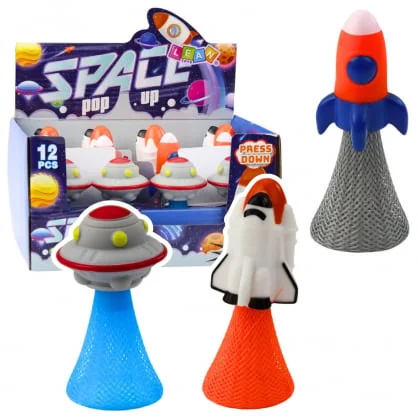 Žaislas LEAN Jumping Spaceship on Spring Colorful Lights 11cm Mix